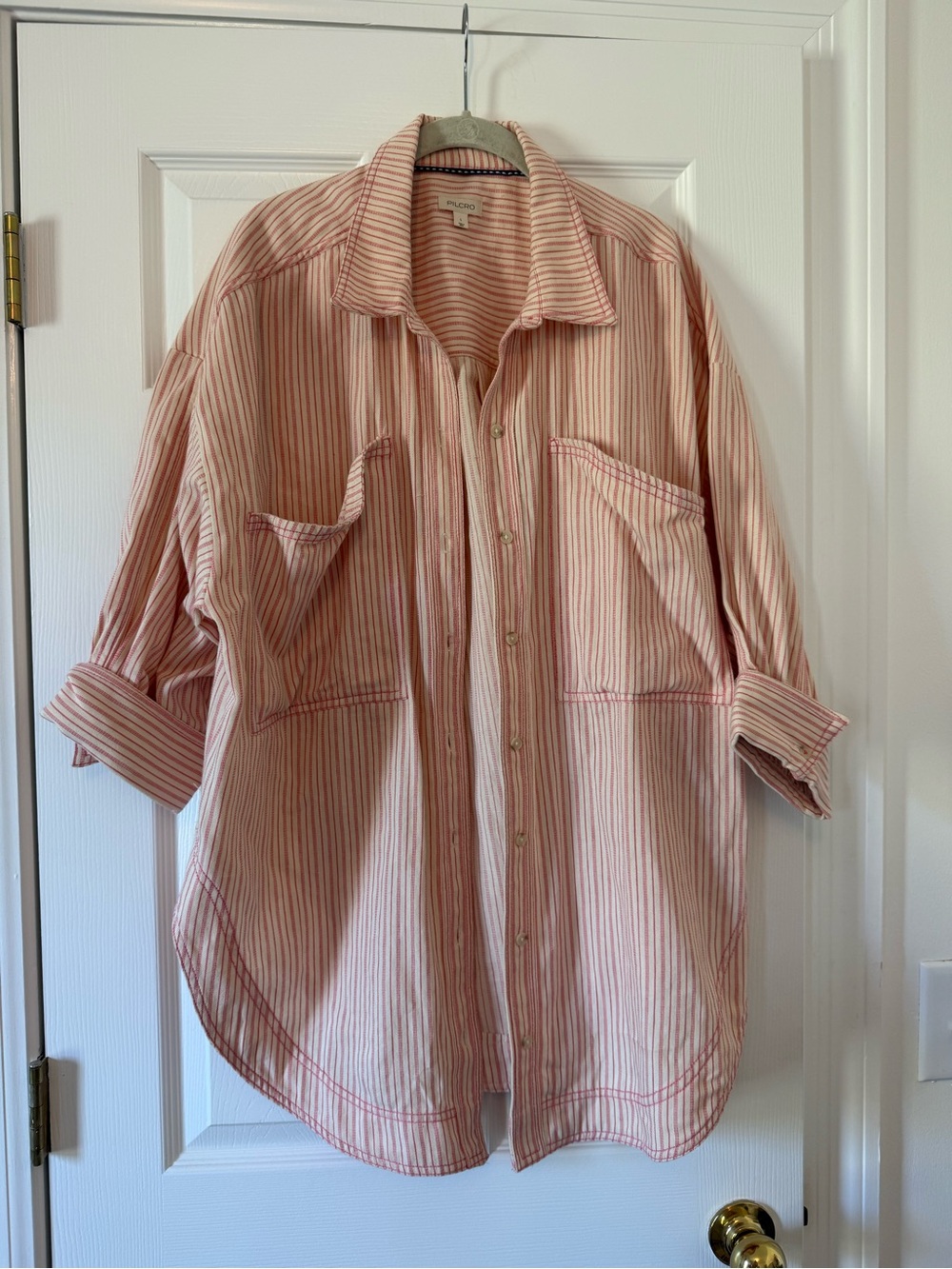 Pilcro Pink and White Striped Oversized Jean Jacket
